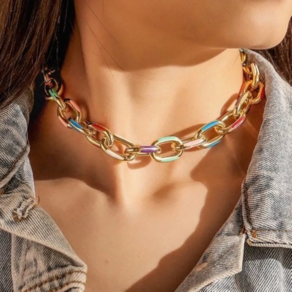 Zara Gold Hallow Link Chain Color Rainbow Hot Ceramic Glaze Adjustable Chocker - Picture 4 of 16